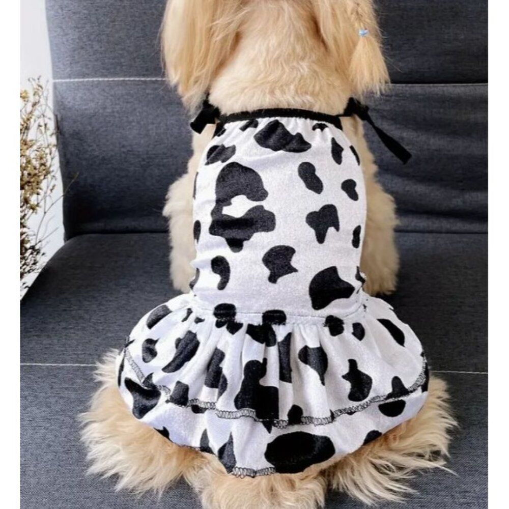 Cow Graphic Dog Pet Cat Dress With Ruffled Trim and Tie Up Strings For Easy Dres